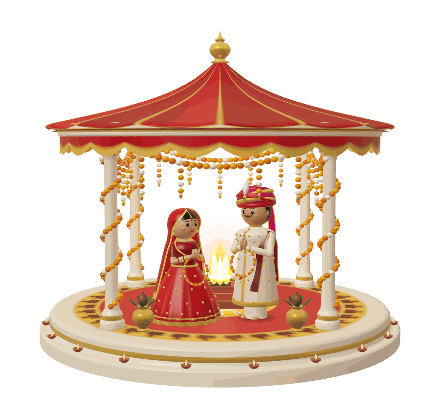 Aarya and Kabir as painted wooden dolls under a red canopy hung with marigolds, the sacred fire between them.